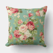 緑の壁紙のプリントのヴィンテージのピンクのバラ クッション (正面)