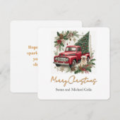 緑の多いゴールドのフォントが付いた赤いトラックのクリスマス シーズンカード (正面/裏面)