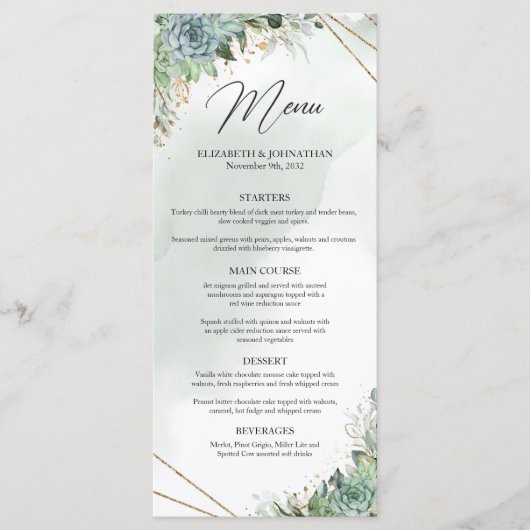 緑の多肉ユーカリ金ゴールドフレームディナーメニュー メニュー (正面)