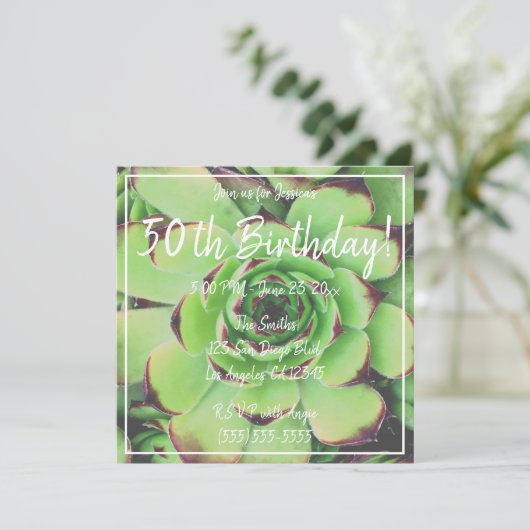 緑の多肉植物の写真50誕生日 招待状 (スタンド正面)