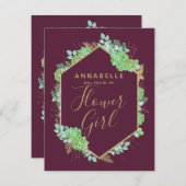 緑の多肉金ゴールドは私の花の女の子になる 招待状 (正面/裏面)