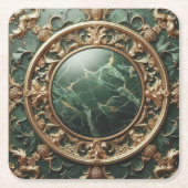 緑の大理石および金ゴールドトリム スクエアペーパーコースター (正面)