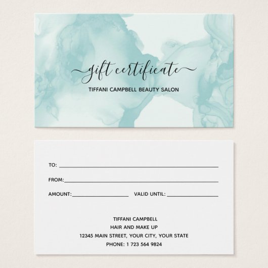 緑の大理石とグリッターギフト証明書 (正面&裏面)