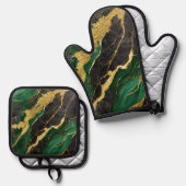 緑の大理石のパターン(金ゴールド) 鍋つかみ&鍋敷きセット (正面/裏面)