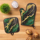 緑の大理石のパターン(金ゴールド) 鍋つかみ&鍋敷きセット (トップダウン)