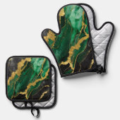 緑の大理石のパターン(金ゴールド) 鍋つかみ&鍋敷きセット (正面/裏面)