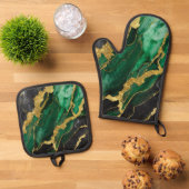 緑の大理石のパターン(金ゴールド) 鍋つかみ&鍋敷きセット (トップダウン)