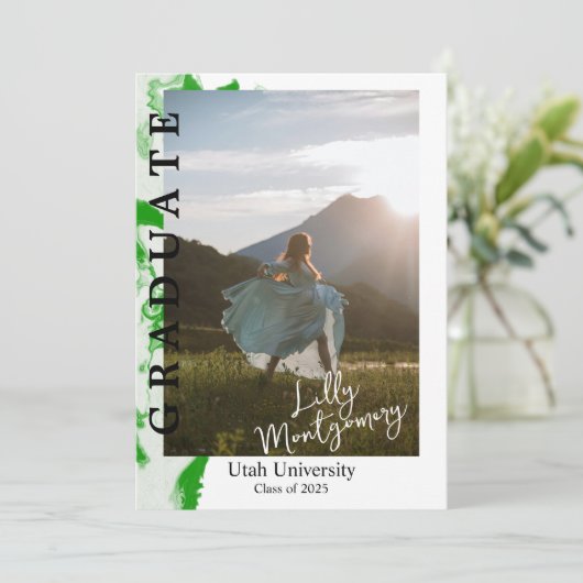 緑の大理石の写真卒業のお知らせ 招待状 (スタンド正面)