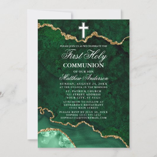 緑の大理石の宝石写真最初の聖餐式 招待状 (正面)
