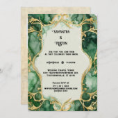 緑の大理石の水色金ゴールドトリムエレガントな結婚式 招待状 (正面/裏面)