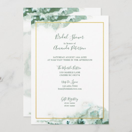 緑の大理石グラデーション金ゴールドフレームブライダルシャワー 招待状 (正面/裏面)