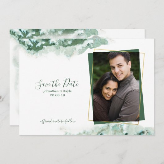 緑の大理石グラデーション金ゴールドフレーム日付の保存 案内状 (正面/裏面)
