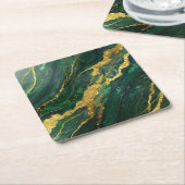 緑の大理石模様に金 スクエアペーパーコースター (アングル)