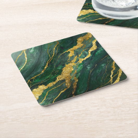 緑の大理石模様に金 スクエアペーパーコースター (アングル)
