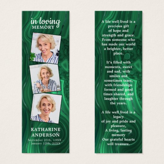 緑の大理石3写真詩の葬儀祈りの言葉ブックマーク (正面&裏面)