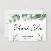 緑の天然ユーカリの花の葉のウェディング サンキューカード (正面)