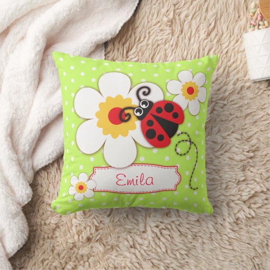 緑の女の子レディバグ名フラワー水玉模様枕 クッション (ブランケット)
