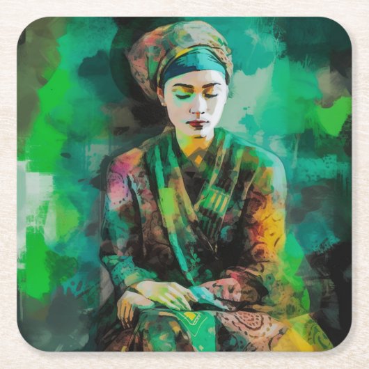 緑の女性 スクエアペーパーコースター (正面)