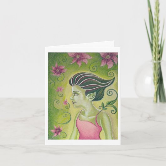 緑の妖精とピンクの花のグリーティングカード シーズンカード (正面)