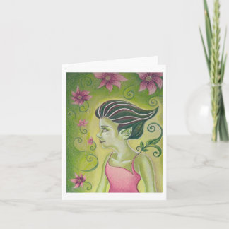 緑の妖精とピンクの花のグリーティングカード シーズンカード