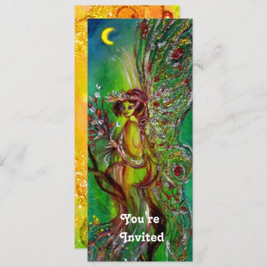 緑の妖精の黄色の青の赤い銀 招待状 (正面/裏面)