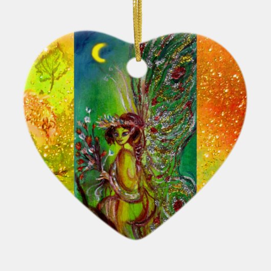 緑の妖精/蝶の植物、フローラ金ゴールドきらめく セラミックオーナメント (正面)