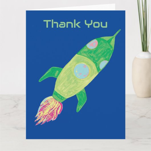 緑の子供っぽい宇宙ロケット サンキューカード (正面)