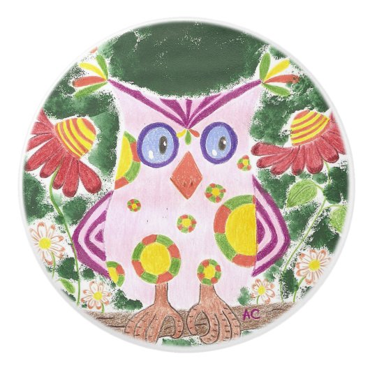 緑の子供部屋部屋の陶磁器のノブの淡いピンクのフクロウ セラミックノブ (正面)