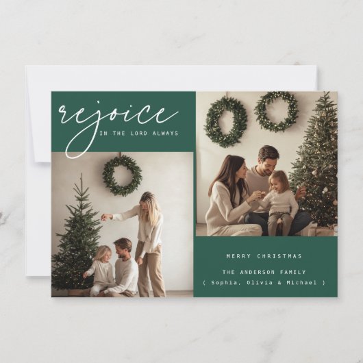 緑の宗教的なクリスマスの喜び家族の写真 シーズンカード (正面)
