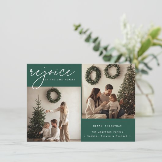 緑の宗教的なクリスマスの喜び家族の写真 シーズンカード (スタンド正面)