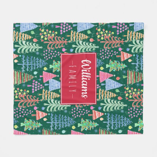 緑の家族の名前でかわいいクリスマスの木 フリースブランケット (正面(横))
