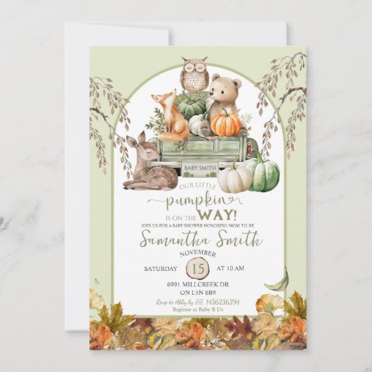 緑の小さなかぼちゃウッドランド動物の赤ちゃんシャワー 招待状 (正面)