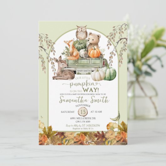 緑の小さなかぼちゃウッドランド動物の赤ちゃんシャワー 招待状 (スタンド正面)