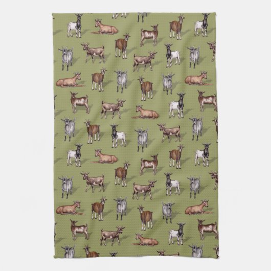 緑の小さなヤギ – ヤギの群れパターン キッチンタオル (縦)