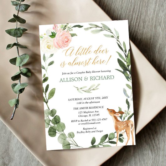 緑の小さな鹿のカップル赤ちゃんシャワーピンク金ゴールド 招待状