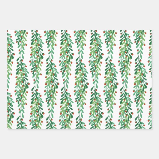 緑の小枝と赤い果実クリスマスパターン ラッピングペーパーシート (正面3)