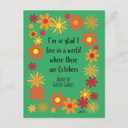 緑の屋根のエンのいる10月のレトロな花 ポストカード (正面)