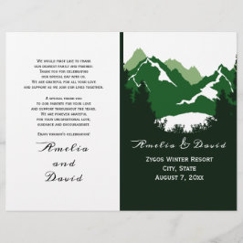 緑の山々と針葉樹の折り畳まれた結婚式プログラム