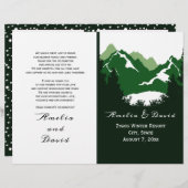 緑の山々と針葉樹の折り畳まれた結婚式プログラム (正面/裏面)