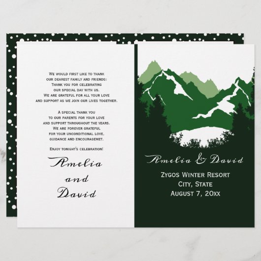 緑の山々と針葉樹の折り畳まれた結婚式プログラム (正面/裏面)