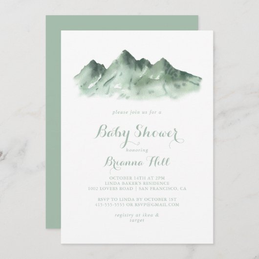緑の山の国の書道ベビーシャワー 招待状 (正面/裏面)