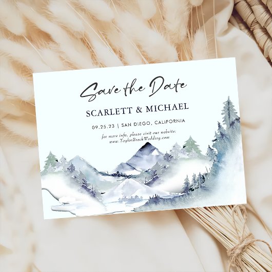 緑の山の水平保存日付 招待状