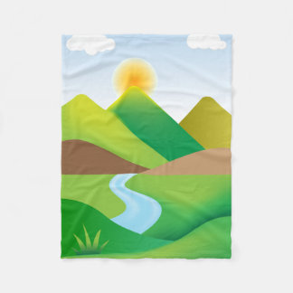 緑の山の風景と川 フリースブランケット