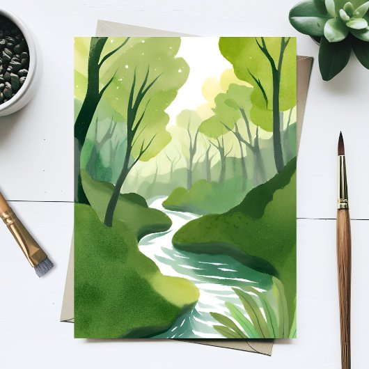緑の川 | 森林の水彩画 ポストカード