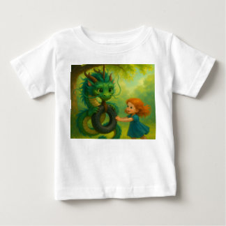 緑の幼いアジアのドラゴンと子犬のような目をしたファンタジー ベビーTシャツ