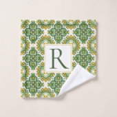 緑の幾何地中海のタイル一文字 バスタオルセット (ウォッシュタオル)