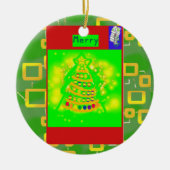 緑の幾何学的な上のメリークリスマスツリー セラミックオーナメント (正面)