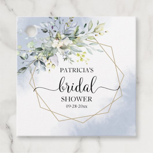 緑の幾何学的な埃っぽい青いブライダルシャワーの恩恵 フェイバータグ (正面)