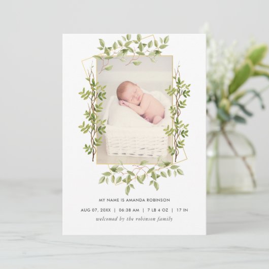 緑の幾何学的な誕生発表フォトカード 案内状 (スタンド正面)