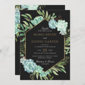 緑の幾何学的な金ゴールドフレーム結婚の数 招待状 (正面/裏面)